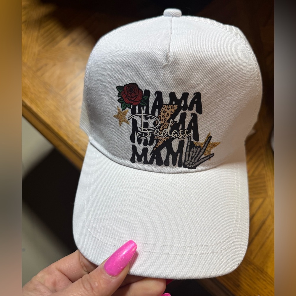 Custom pressed Badass Mama decal white hat